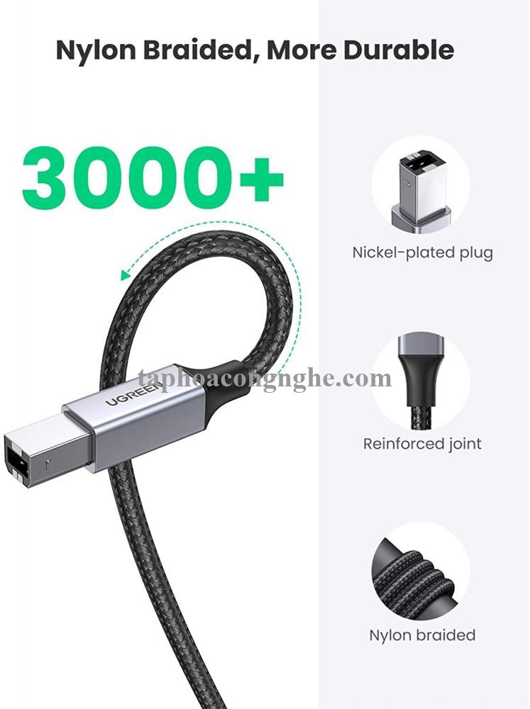 Ugreen 80804 3M đầu nhôm dây bọc lưới chống nhiễu cáp máy in màu Đen 2.0 USB A sang B US369 30080804